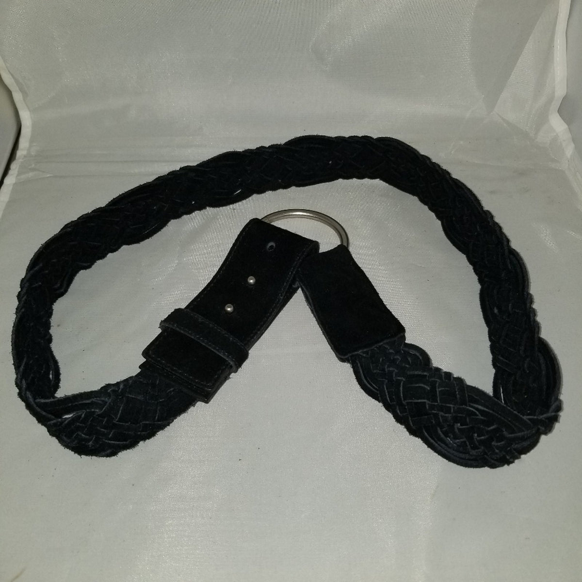 Vintage Black Suede Braided Basketweave Boho Chic O-Ring Wide Belt Large