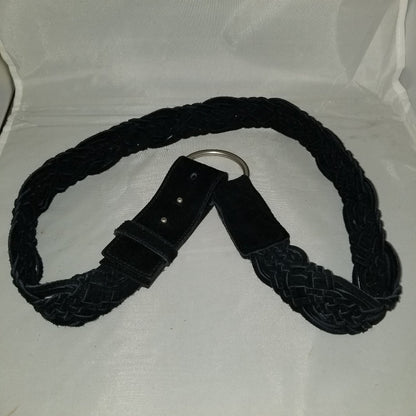 Vintage Black Suede Braided Basketweave Boho Chic O-Ring Wide Belt Large