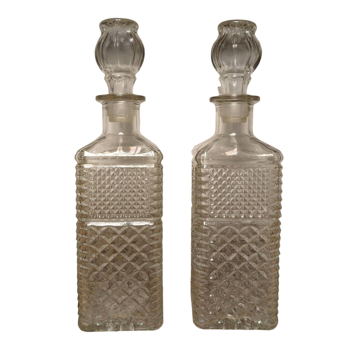 Vintage Glass Decanter Pair 12.5" Pressed Cut Glass Empty Whiskey Bottle Set