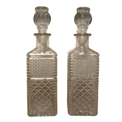Vintage Glass Decanter Pair 12.5" Pressed Cut Glass Empty Whiskey Bottle Set