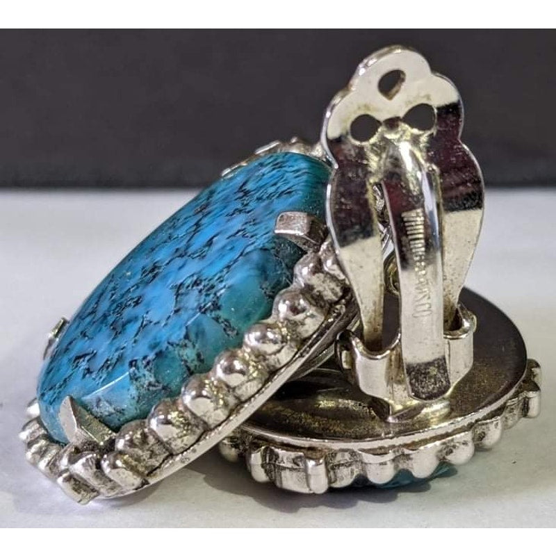Signed Whiting and Davis Co Turquoise Clip On Earrings Silver tone