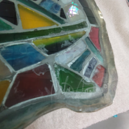 Fused glass Art tray mosaic Abstract Design Heavy Sign Peter 05 Vintage platter