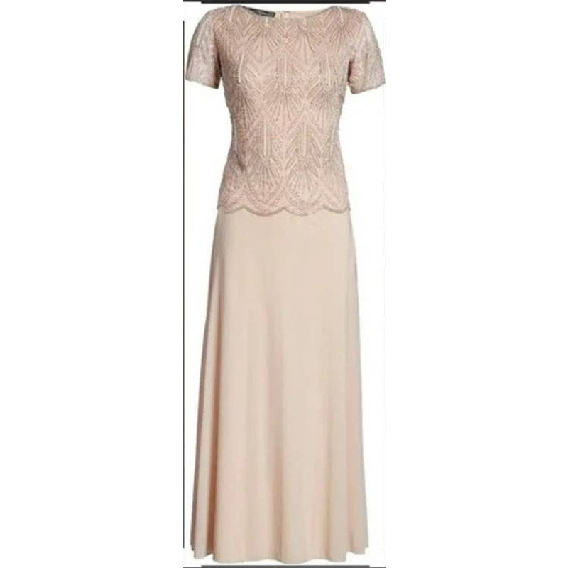 Pisarro Nights Beaded Bodice Chiffon Gown Size 4 Blush NWT Short Sleeve Formal