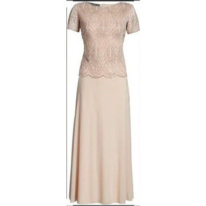 Pisarro Nights Beaded Bodice Chiffon Gown Size 4 Blush NWT Short Sleeve Formal