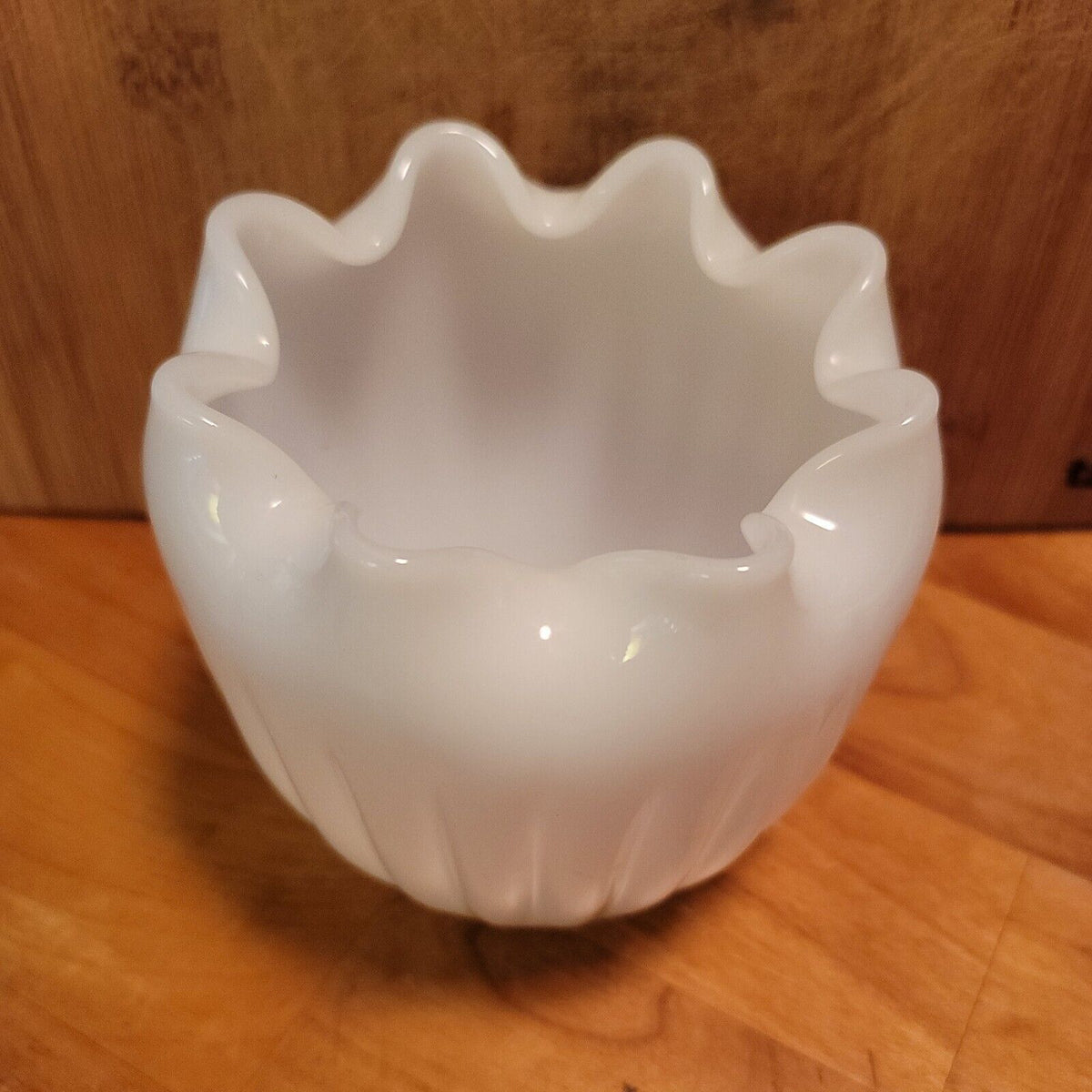 Vintage, Milk Glass Vase, Inward Pinched Ruffle Rim, Rose Bowl, Opalescent