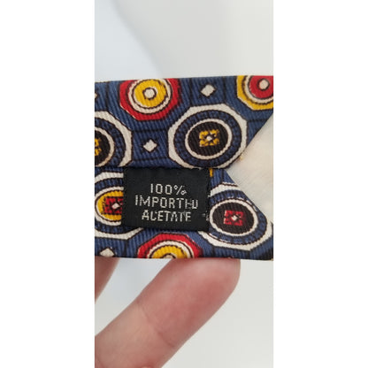Vintage Mens Neck Tie 56" Octagonal Pattern Blue Red Yellow wide geometric