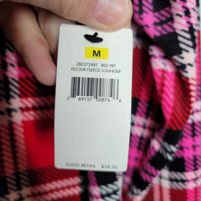 Betsey Johnson Plaid Velour Fleece Hoodie Lounger MEDIUM long sleeve Red NEW