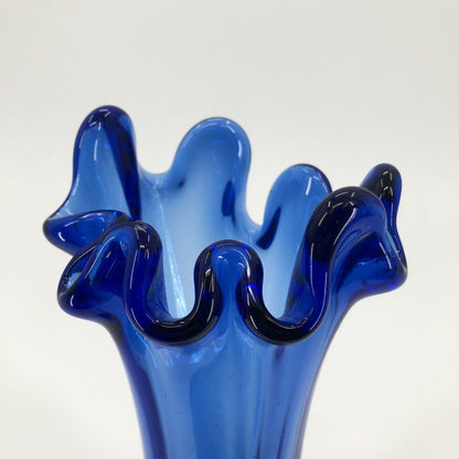 Vintage Cobalt Blue Ruffled Top Vase 9.5” Tall Heavy Finger Swung flower glass