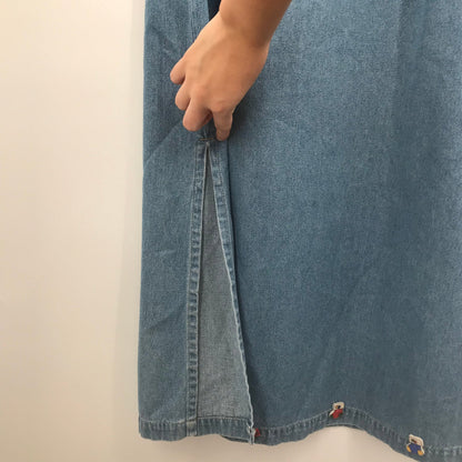 Christmas Holiday Denim Jean Dress Button Long Sleeve top White/Blue Large Blue
