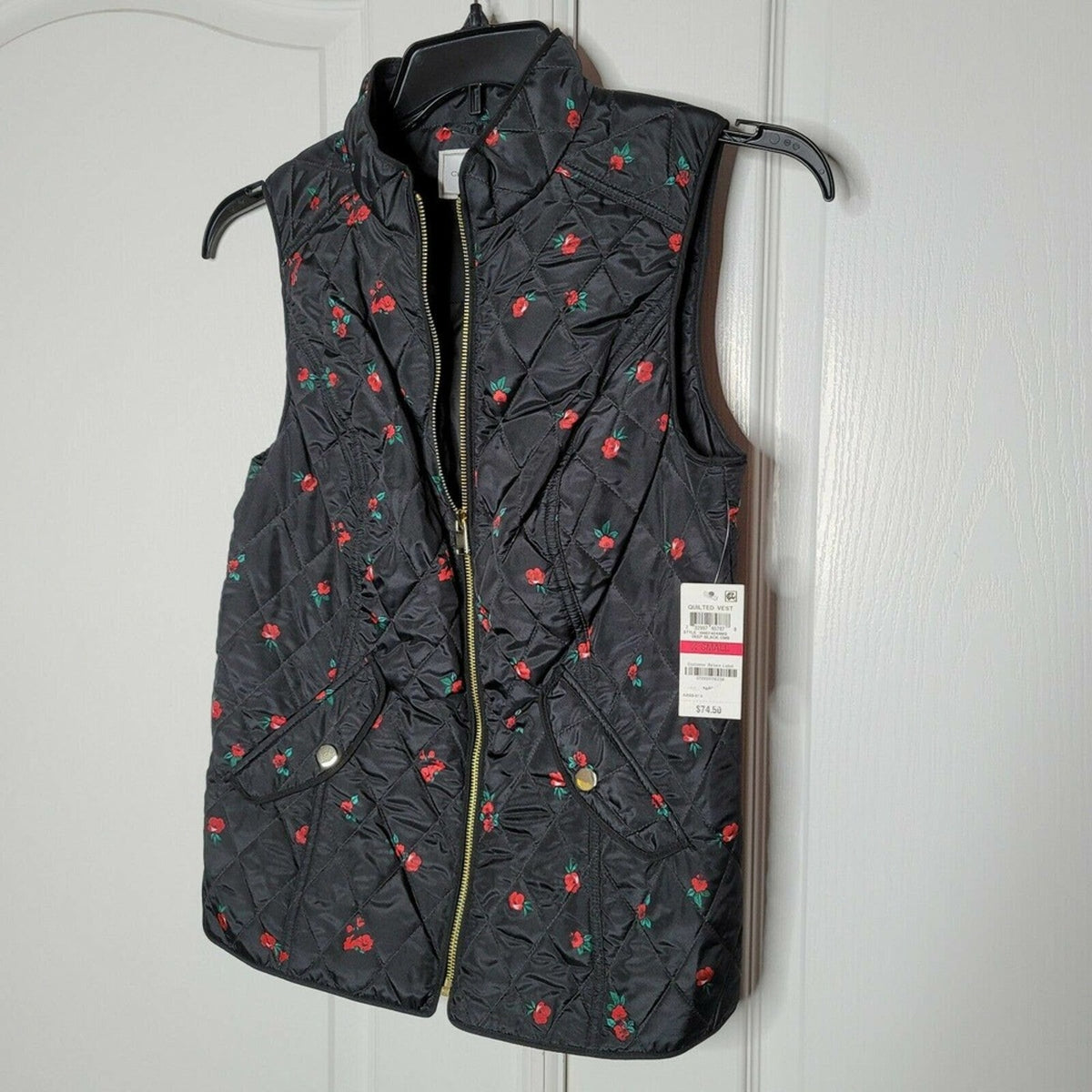 Charter Club xs Floral Quilted Vest Sleeveless High-Neck Deep Black X-Small