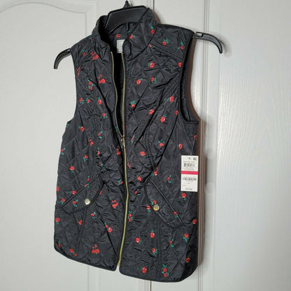 Charter Club xs Floral Quilted Vest Sleeveless High-Neck Deep Black X-Small