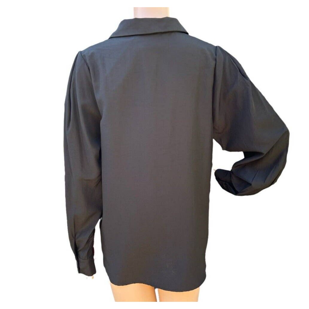 Know One Cares Women's Button Front Blouse Medium Black NWT Puff Long Sleeves