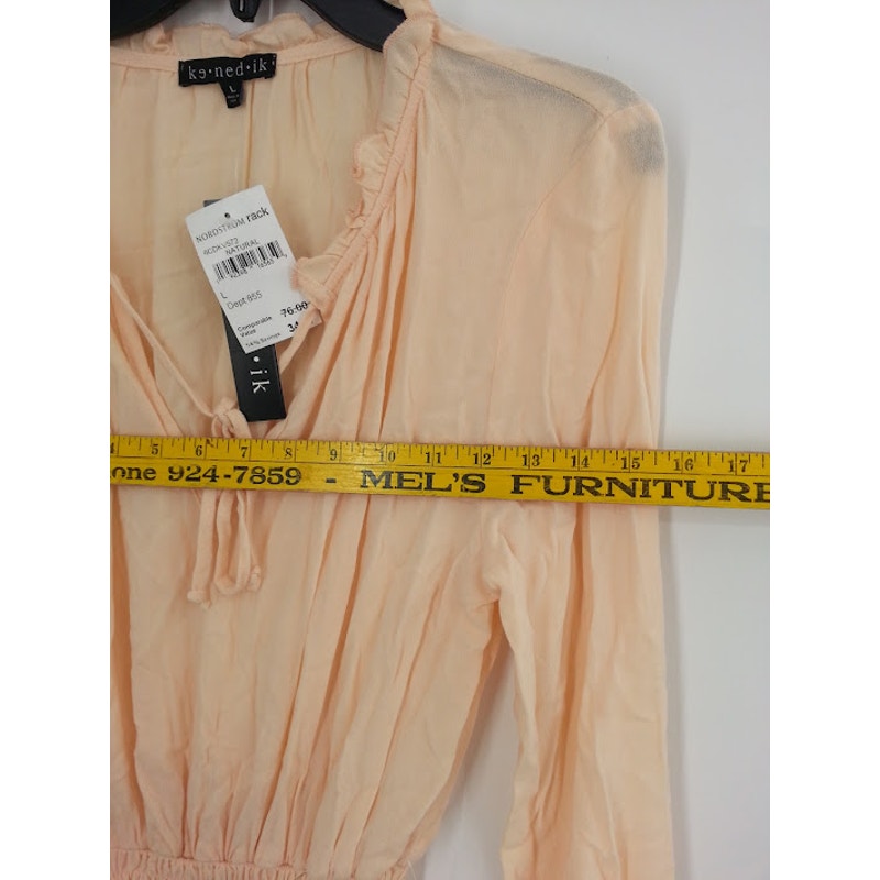 Kenedik Women's Keyhole Long Sleeve Smocked Dress Peach 100% Rayon Large