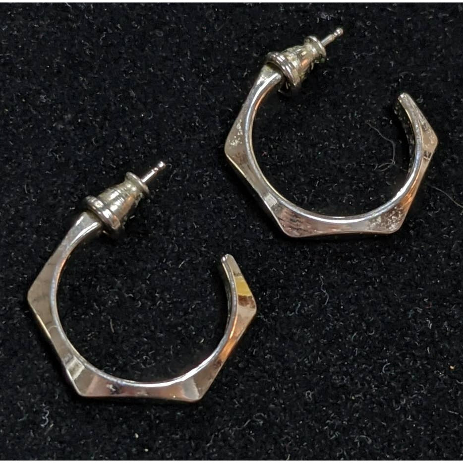 Trifari Vintage Hexagonal Semi Hoop Posts Earrings with Signed Backs Silver Tone