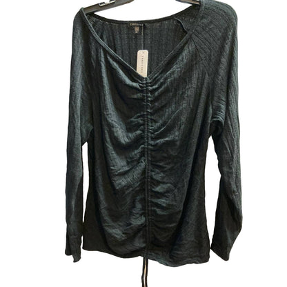 Curvy Sense Women's Top Plus 1X Black NEW Ruched Drawstring V-Neck Long Sleeve