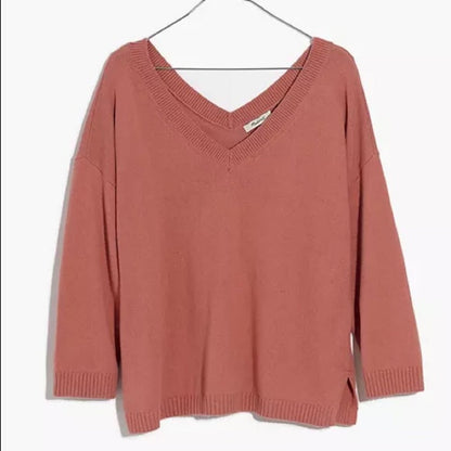 Madewell Rosewood Pink Double V Pullover Sweater Medium NEW cozy winter oversize