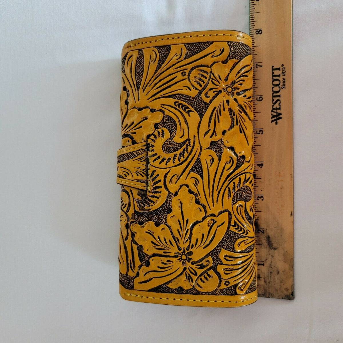 Hand tooled leather wallet Mustard yellow 7 1/2"x 4" BOHO Chic Mexican Artisan