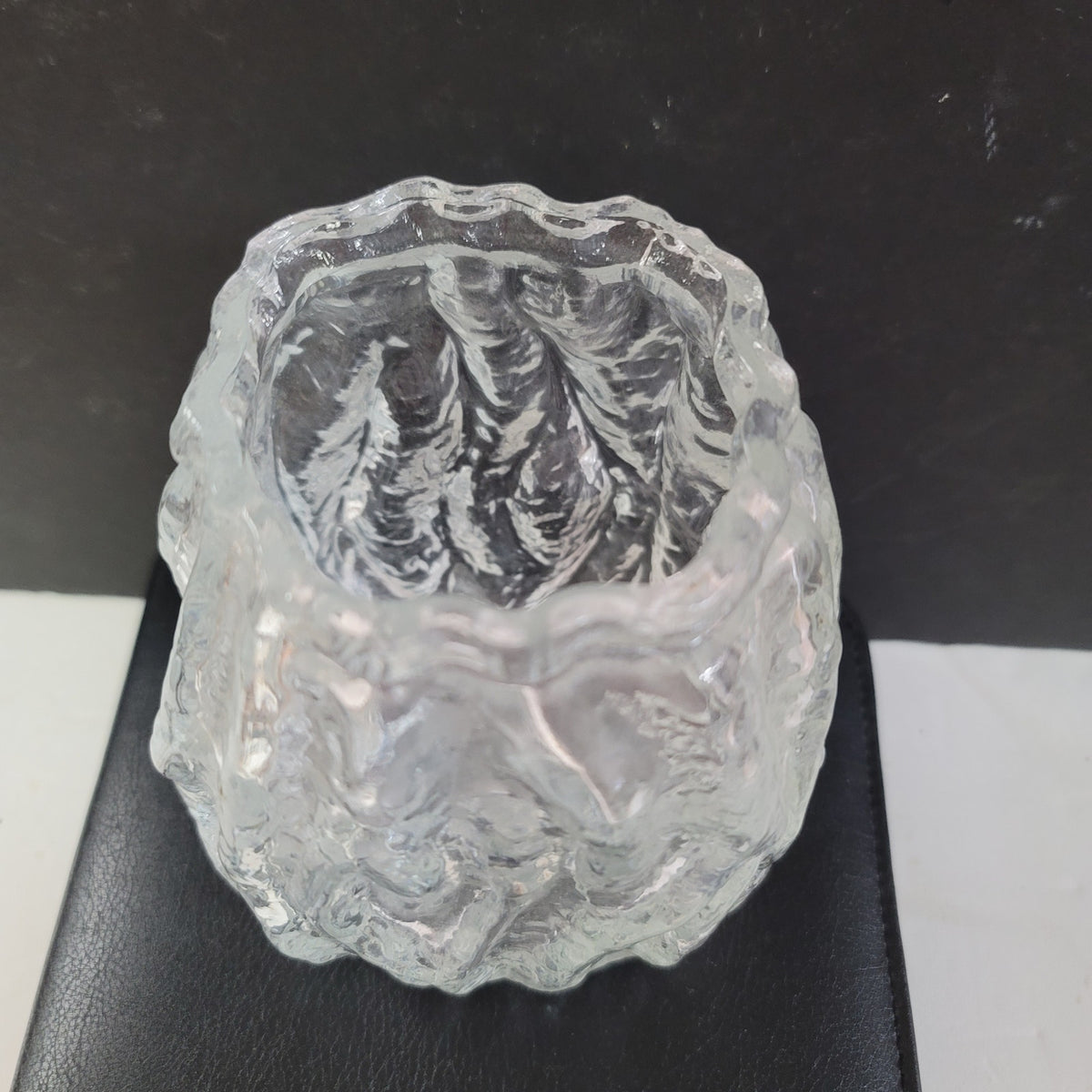 Vintage Ingrid Glashutte Ice block MCM vase 5.5" tall Clear Glass Bark Texture