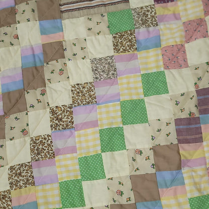 Handmade Postage Stamp Quilt Brown Green Tiny Square Queen/Full Gingham Back