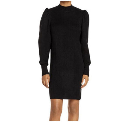 WayF Lola Puff Sleeve Sweater Dress Small Black NEW Mock Neck Stretchy Stylish