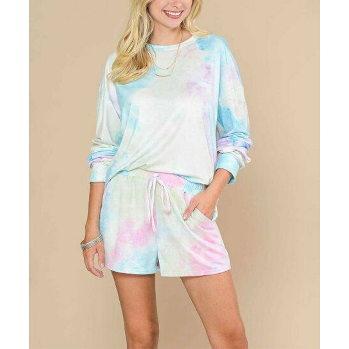 Adele B. Pastel Tie-Dye Long-Sleeve Tee & High Waist Drawstring Shorts Small NEW