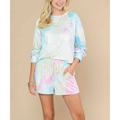 Adele B. Pastel Tie-Dye Long-Sleeve Tee & High Waist Drawstring Shorts Small NEW