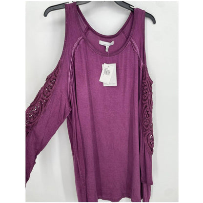 FOURTEENTH PLACE Cold Shoulder Crochet Long Sleeve Tunic Sz 1X Purple Oxford NWT