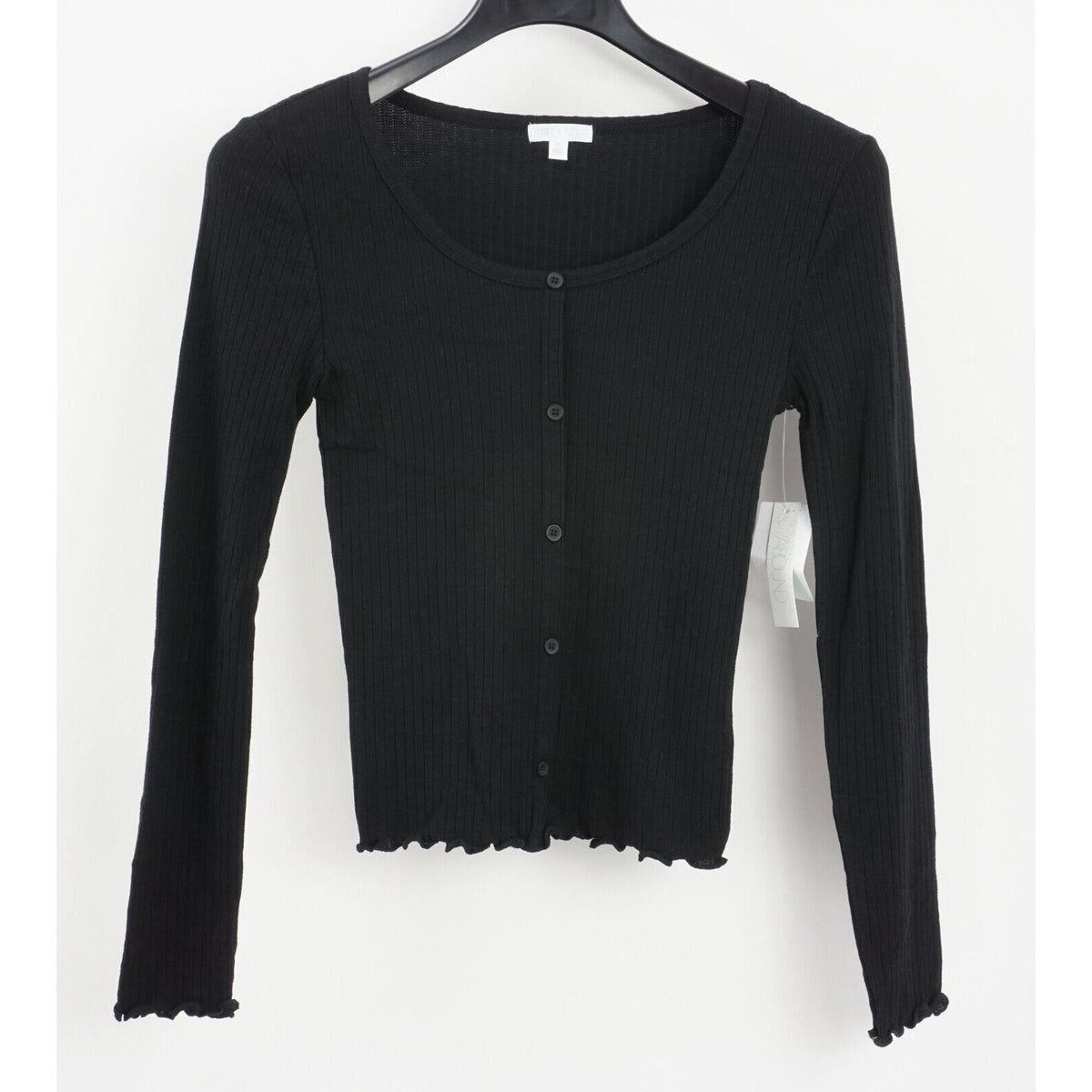 ABOUND Black shirt top Medium NEW Long Sleeve Boat Neck Lettuce Edge Button Trim