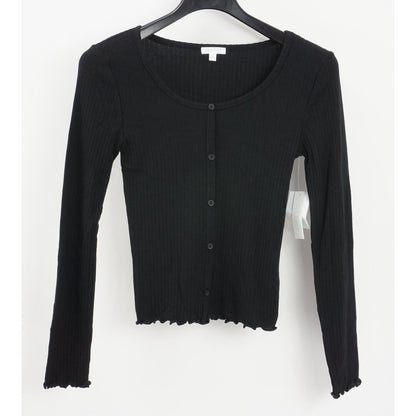 ABOUND Black shirt top Medium NEW Long Sleeve Boat Neck Lettuce Edge Button Trim