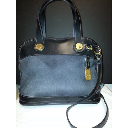 Dooney Bourke Purse Black Handbag Flat Bottom Patent Leather and Canvas Satchel