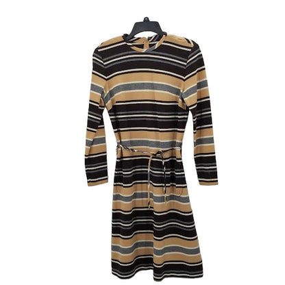 Vintage Brown Striped PolyBlend Long Sleeve Dress Chain Belt No Tags gogo MOD