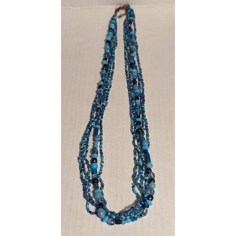 Vintage Costume Jewelry Fashion Multi Strand Beaded Blue Necklace Glass Stone