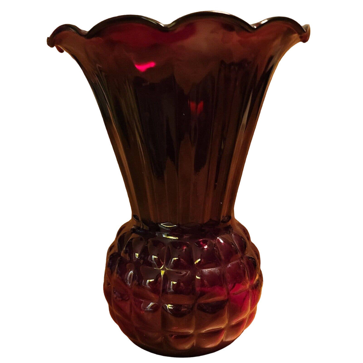 Anchor Hocking ROYAL RUBY Red Thistle Panel Bubble Pineapple Glass Vase 9" Vtg