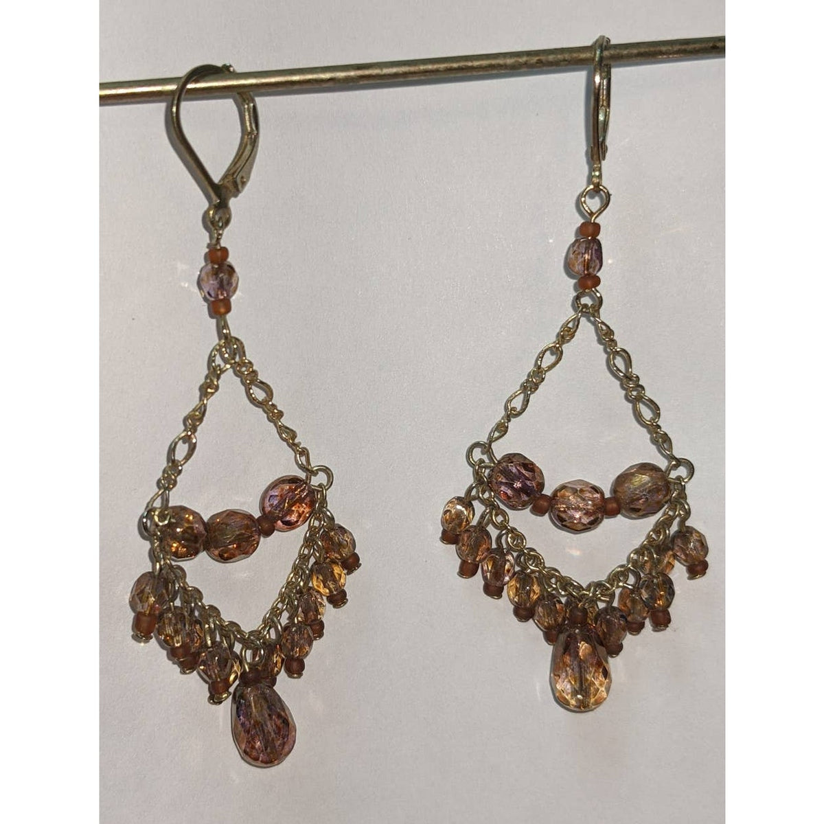 Vintage Brown Glass Gold Tone Chain Chandelier Drop Earrings Dangle with Clasps