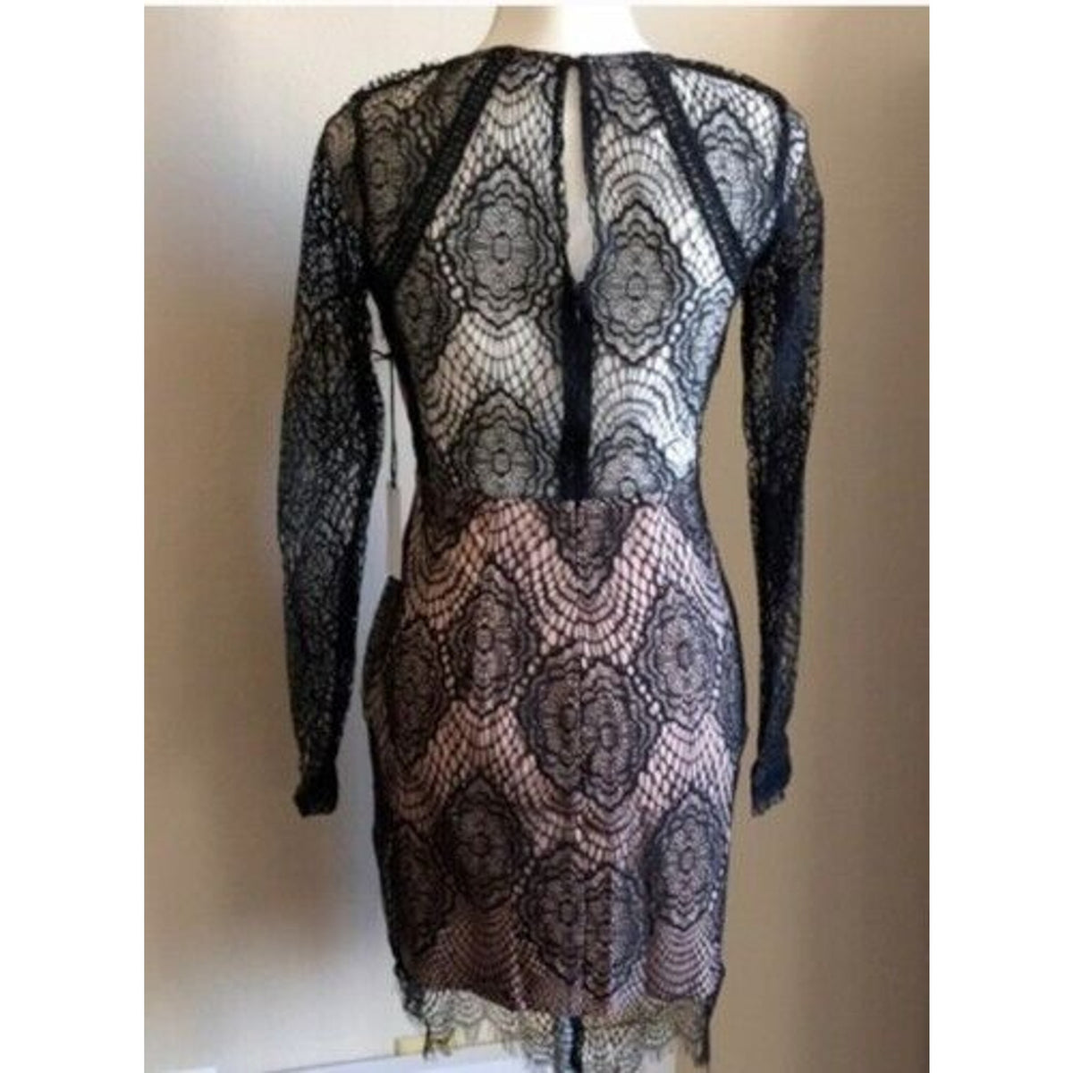 ASTR The Label Black Nude Long Sleeve Lace Illusion Bodycon Mini Dress Small NWT