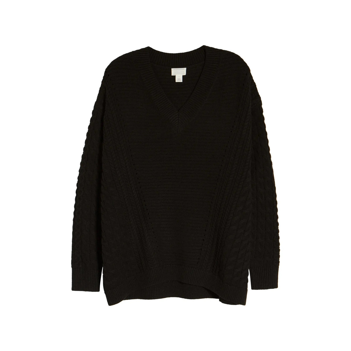 Caslon NWT Black Cable Knit Sleeve V-Neck Ribbed Sweater Size XS