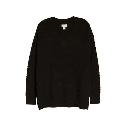 Caslon NWT Black Cable Knit Sleeve V-Neck Ribbed Sweater Size XS