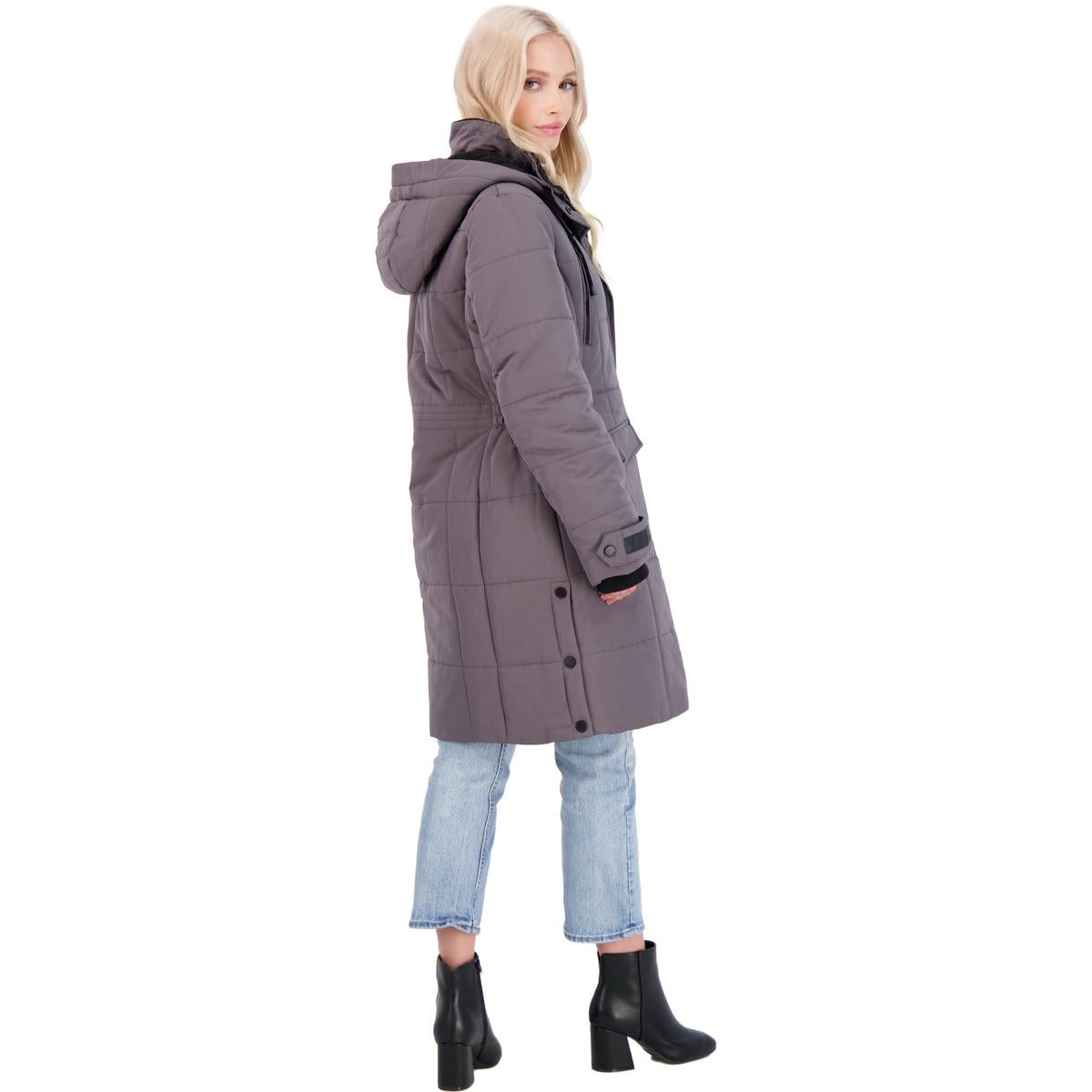 Lucky Brand Long Quilted Winter Parka Coat Drawstring Hood Gunmetal SZ Small