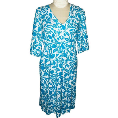 Lilly Pulitzer Women's 3/4 Sleeve Dress V-Neck Blue White Leaf Print Size Large