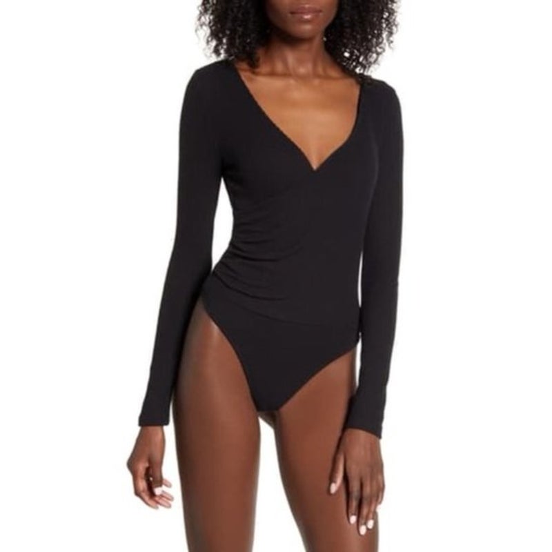 BP. NWT Cozy Ribbed Wrap Bodysuit Long Sleeve V-Neck Knit Black Size Medium