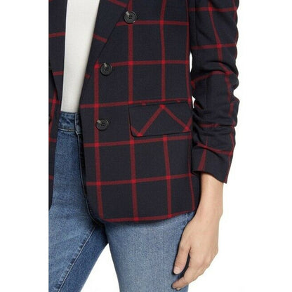 1.state Windowpane Check Ruched Sleeve Blazer Open Front Peaked Lapels XSmall