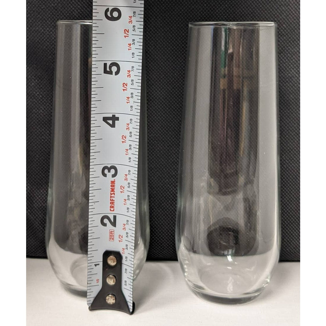 Mid Century Modern 5.75in Stemless Champagne Flute Glass Pair Bottom Heavy Shape