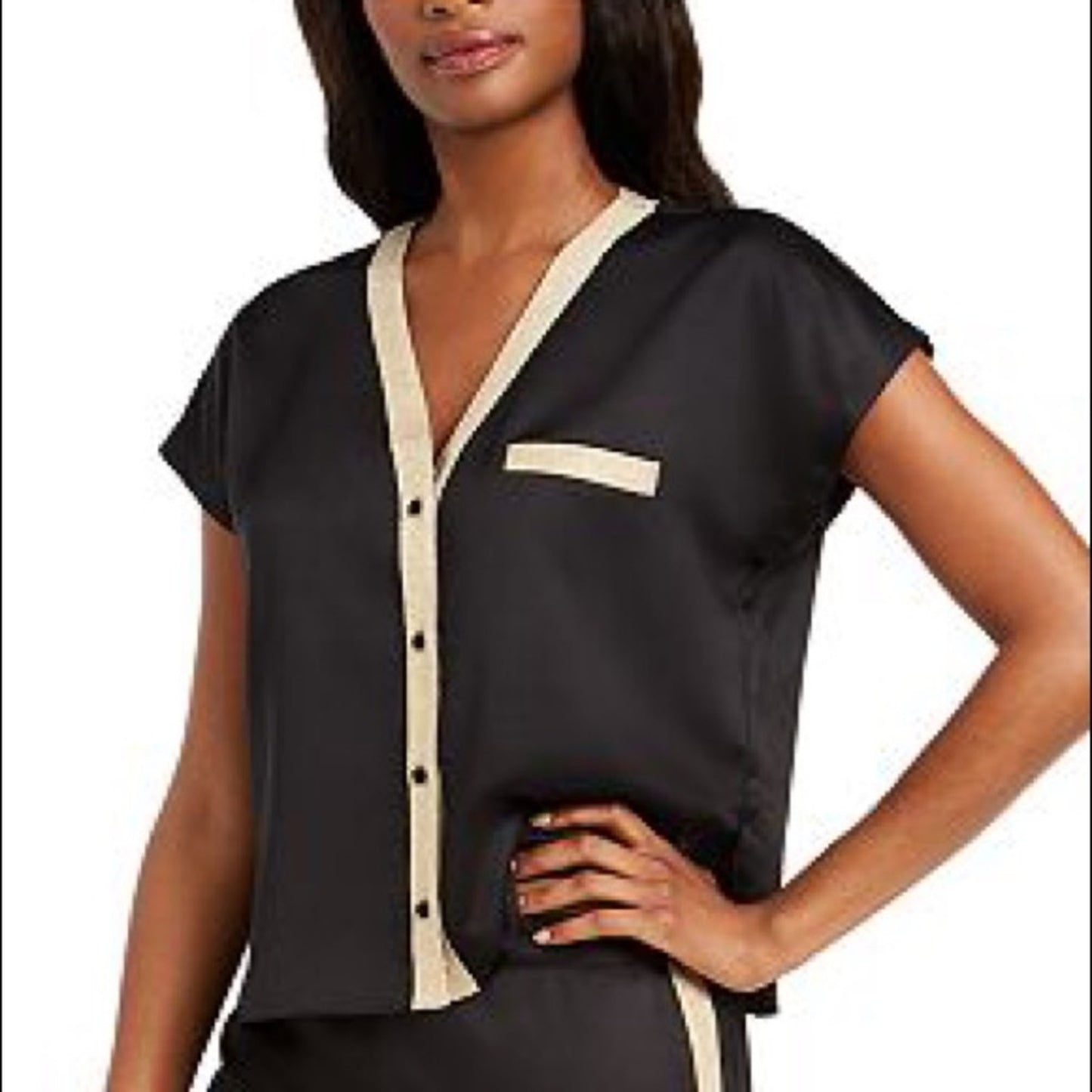INC Metallic Trim Black Matte Satin Pajama Top Size XXL