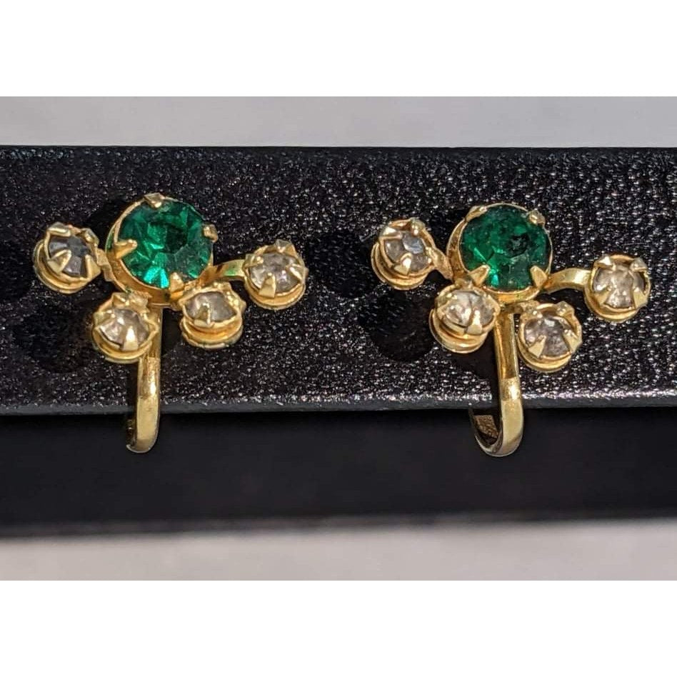 Vintage Signed BN Gold Green Gemstone Clear Rhinestones Clip On Bugbee Niles