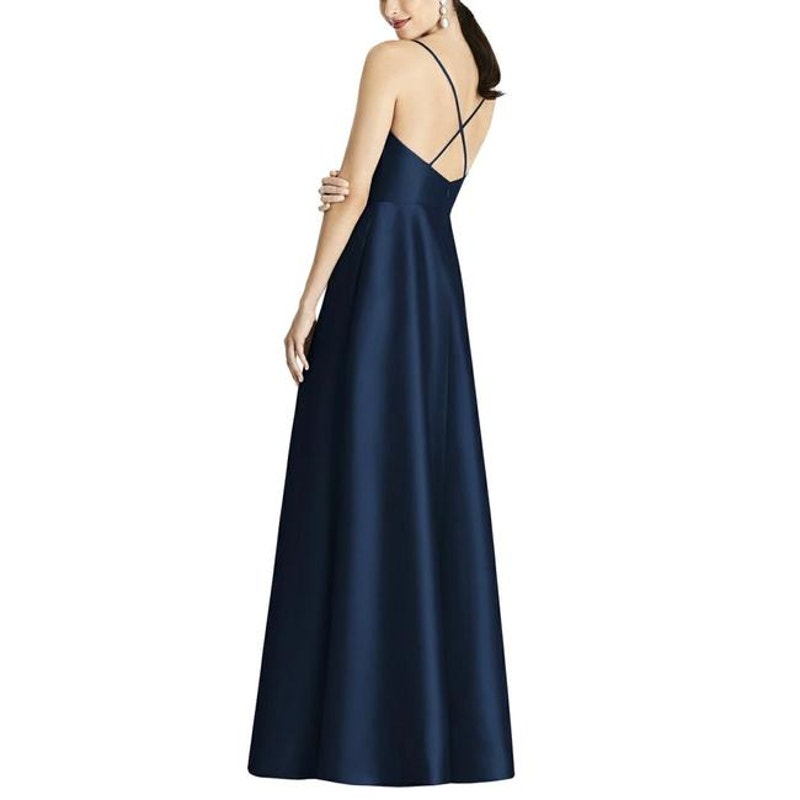 Alfred Sung V-Neck Criss Cross Back Satin Night Out Dress Midnight Blue Size 6