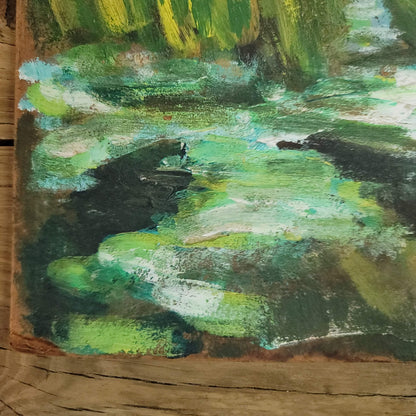 Vintage Oil Painting on board 2 women landscape Couple Sit Green Forest Scene
