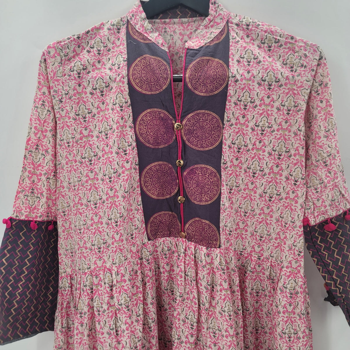 Boho cotton modest prairie XL dress Pompom Ethnic Long Sleeve Floral