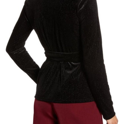 Halogen Velvet Metallic Ribbed Wrap Top Long Sleeve Surplice V-Neck Medium NEW