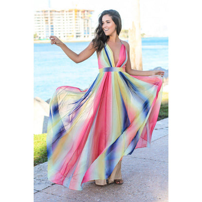 Rainbow Maxi Dress with Criss Cross Back & Zip Sleeveless Multicolor Size Small