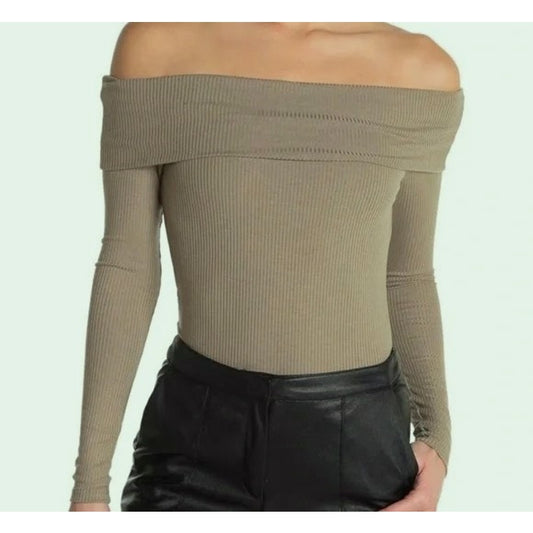 AFRM Off Shoulder Long Sleeve Cowl Neck BodySuit Sz Small in Brindle Green NWT